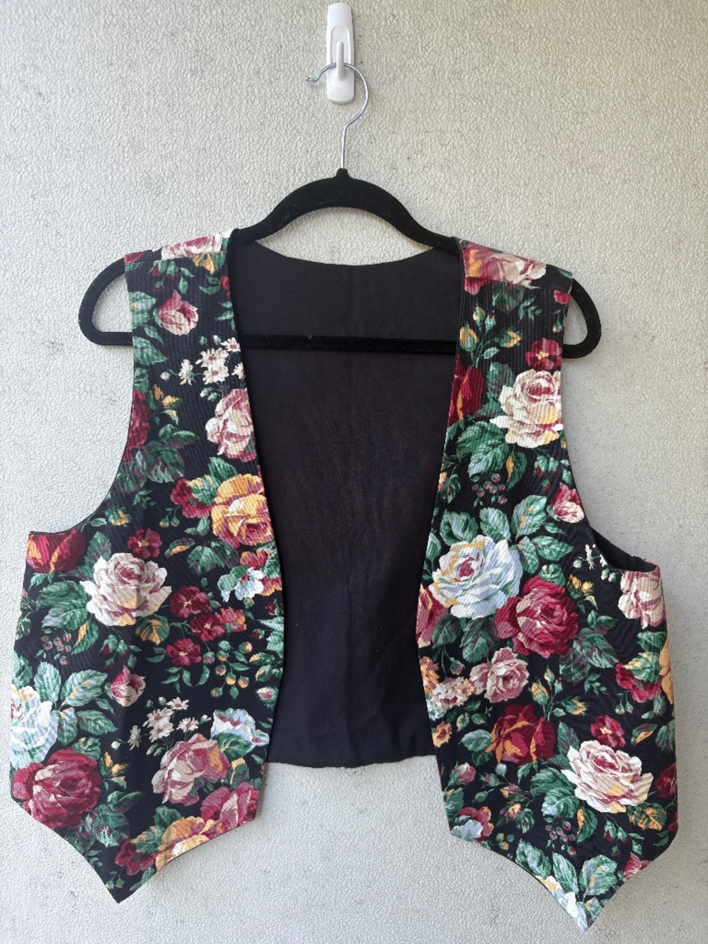 New Humor Floral Vest Womens L Black Rose Open Front Pointed Hem 90s Cottagecore
